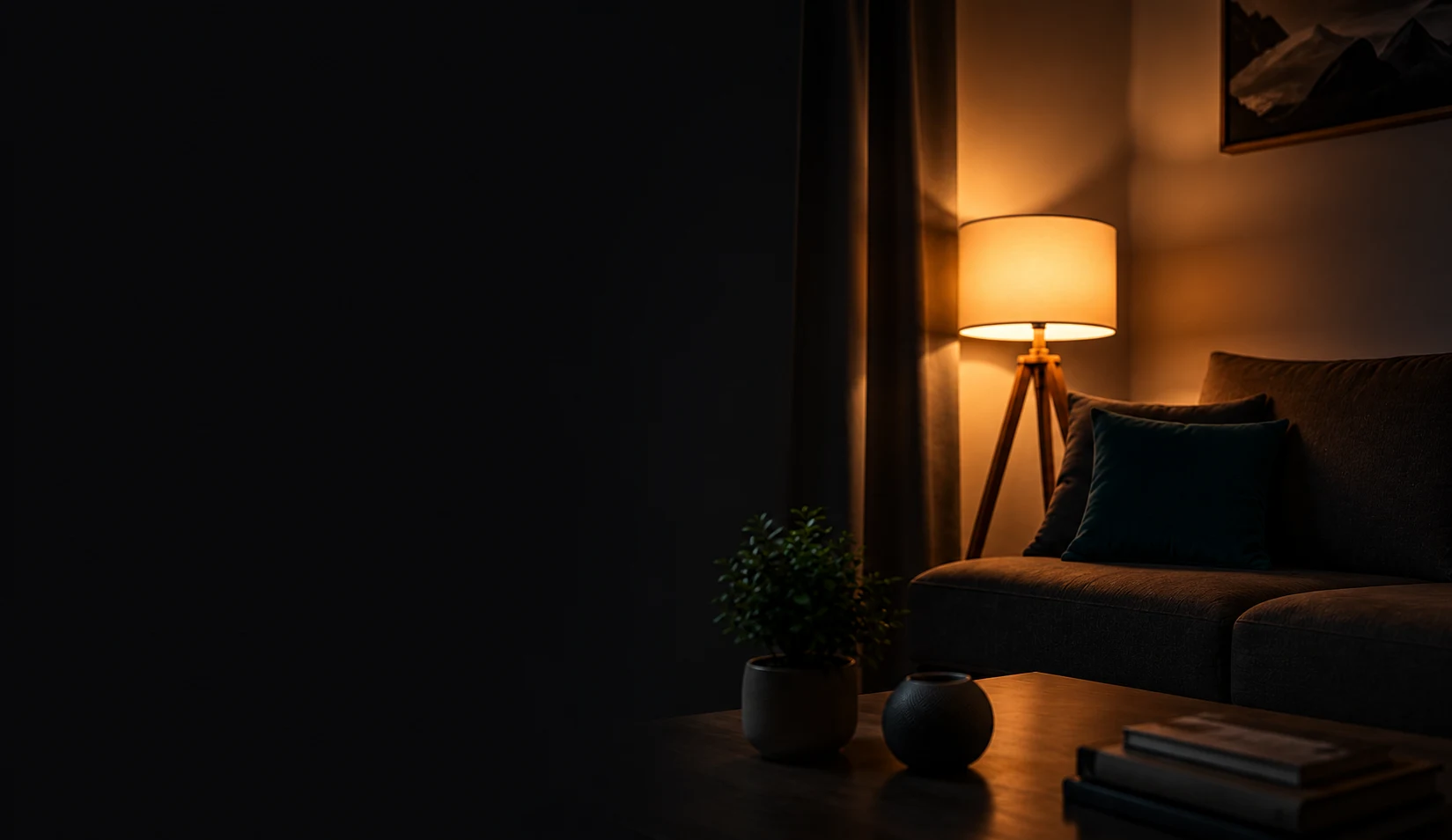 Full-width architectural residence scene where lighting shapes atmosphere and everyday experience.