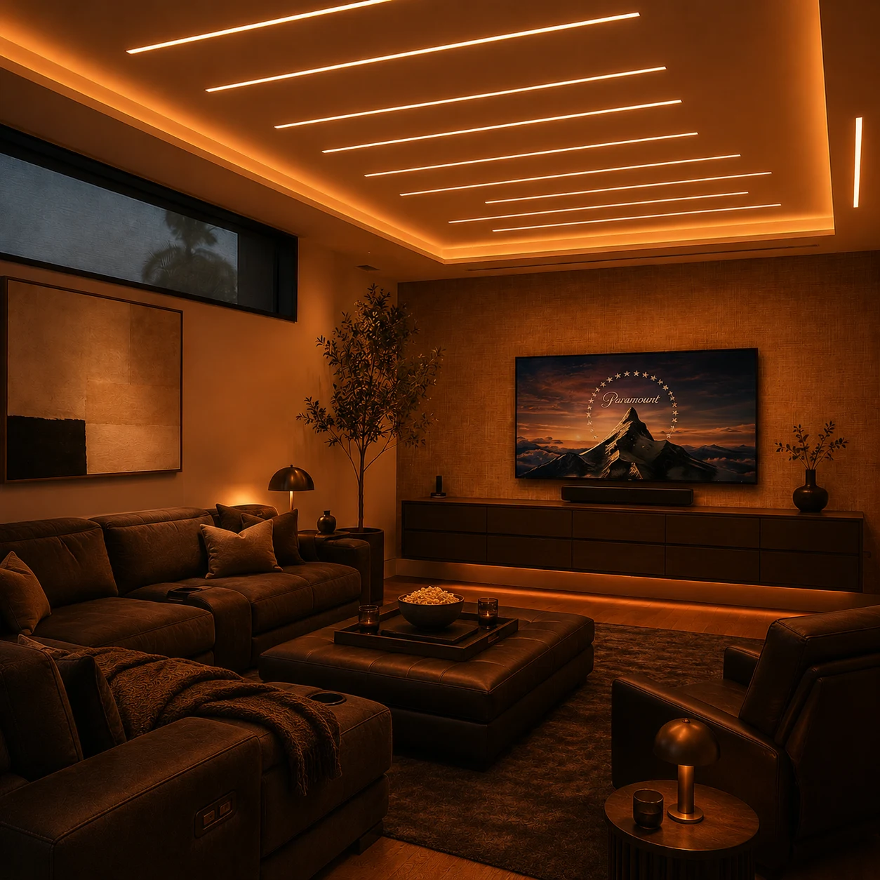 Refined lighting scene highlighting warm ambient illumination, architectural detailing, and premium materials.